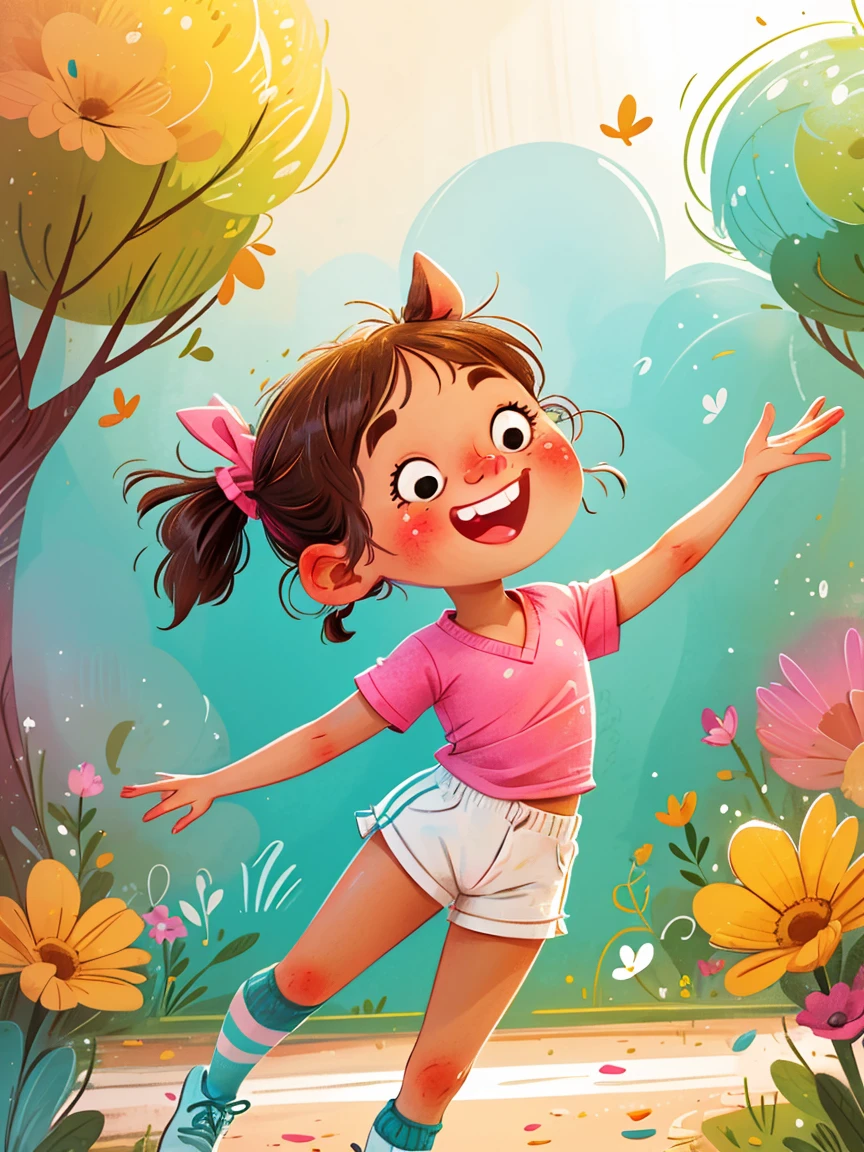 masterpiece, high quality, A cartoon *********** wearing a pink V-neck shirt and white shorts, (Double ponytails:1.5)，Show your bright teeth, Big cute eyes, Super cute and stylish black-haired girl, Dance, J_Huiben