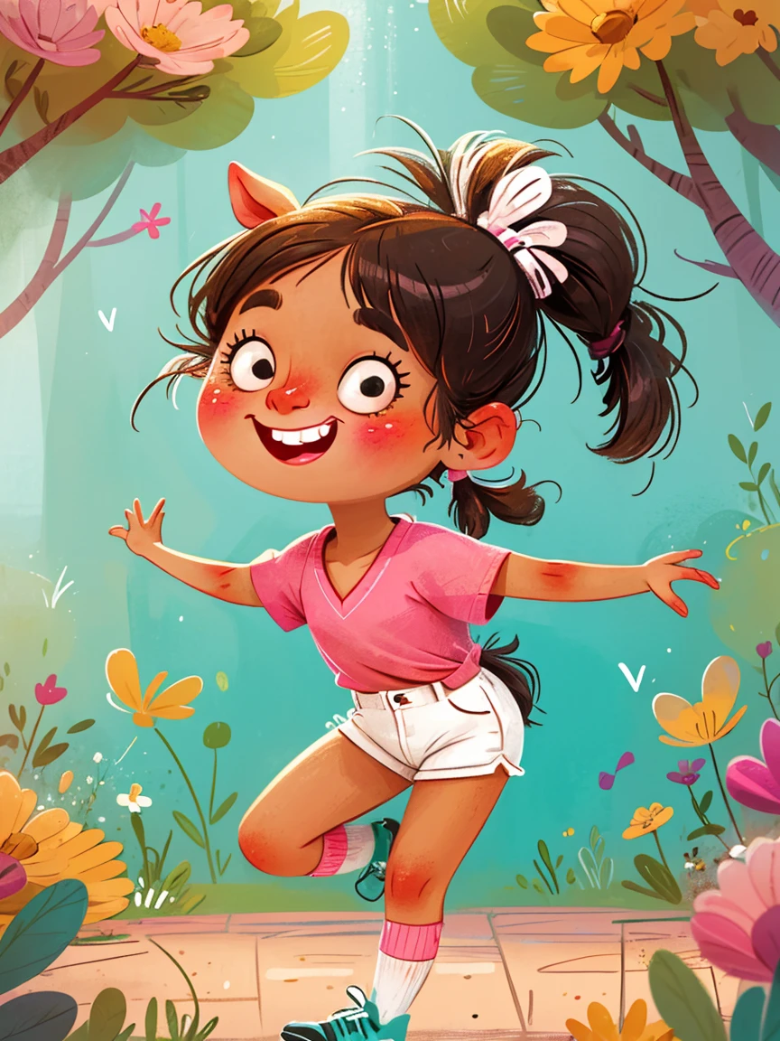 masterpiece, high quality, A cartoon *********** wearing a pink V-neck shirt and white shorts, (Double ponytails:1.5)，Show your bright teeth, Big cute eyes, Super cute and stylish black-haired girl, Dance, J_Huiben