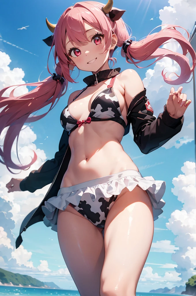 Perfect human body modeling, 1girl, small breasts, beautiful girl, cute girl and idol face, young face, smile, Beautiful long pink hair, twintails, Beautiful shining red eyes, white skin, Short body, Hot summer sun, Bikini with black cow print,