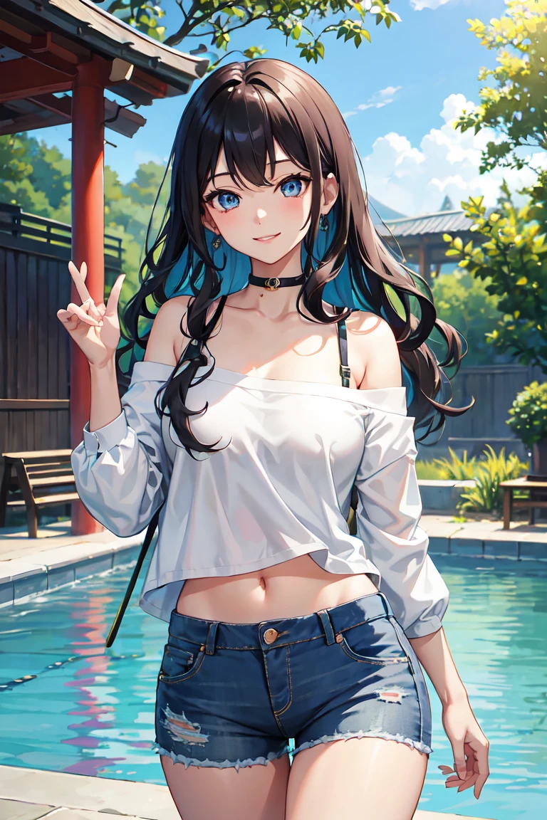 CG, Unity, 8K, wallpaper, Highest quality、 one piece Nami, (smile: 1.2), 1 high school girl、Black Hair、Curly Hair、blue eyes、Thick lips、Black Knit、Off the shoulder、 BREAK Denim Shorts,, Thighs,, Complex pupil , Japanese countryside,Pool