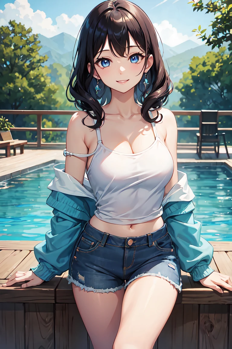 CG, Unity, 8K, wallpaper, Highest quality、 one piece　Nami, (smile: 1.2), 1 high school girl、Black Hair、Curly Hair、blue eyes、Thick lips、Black Knit、Off the shoulder、 BREAK Denim Shorts,, Thighs,, Complex pupil , Japanese countryside,Pool