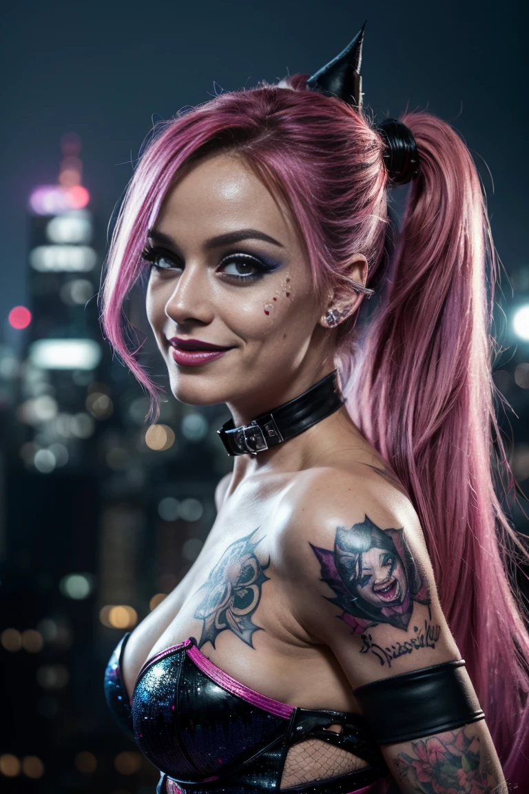 (Best Quality,4k,8k,high resolution,Masterpiece:1.2),ultra detailed,(realist,photorealist,photo-realist:1.37),portrait,comic style,playful,Energetic, vibrant colors, dramatic lighting,seductive, evil smile,Blue and pink color scheme, harley quinn costume,expressive eyes, messy hair,whimsical background, dynamic pose,confident attitude,makeup smeared,sparkling personality,disturbed beauty, iconic bat motif, striking tattoos, rebellious spirit, gotham city skyline,laugh in the face of danger,bold elegance