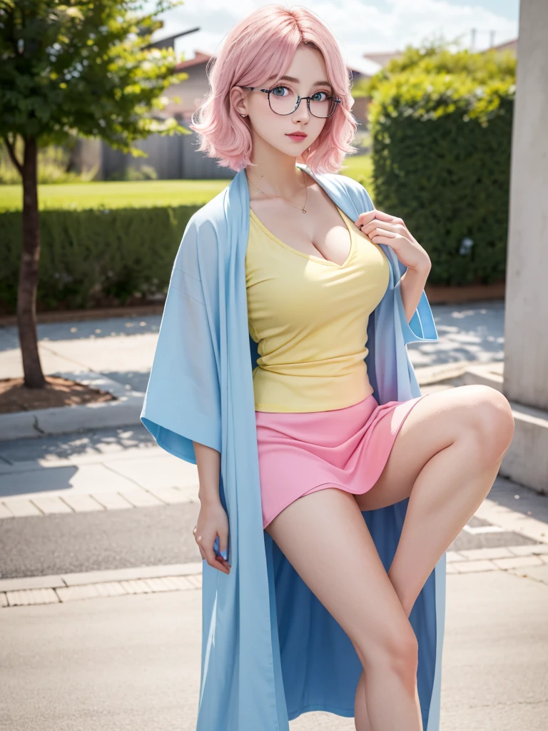 Gorgeus Girl, Beautiful, , 20 Years Old, White Skin, Cleavage, seduktif Pose, v-neck T-shirt, Mini Skirt, over size Kimono outerwear, Blue Eye, Muscles, Bokeh, Modern Place Background, Masterpiece, Fullbody Shot, Straight Pink Hair, Pink-Blue-yellow Pastel Coloured, Glasses