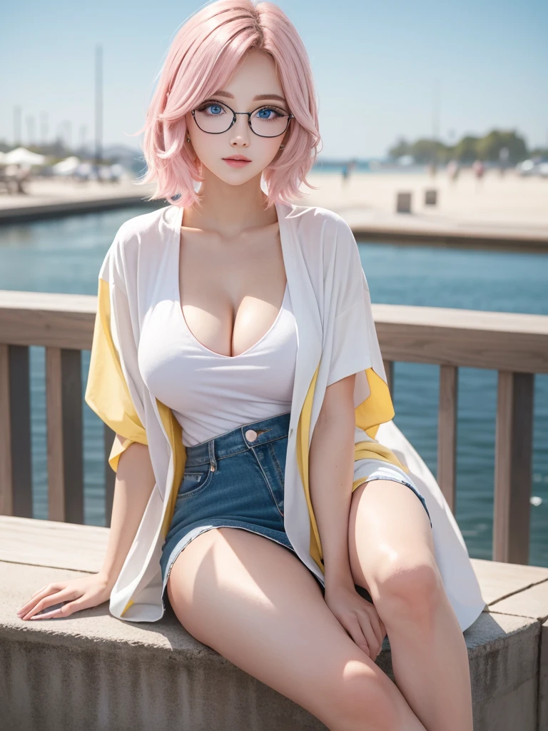 Gorgeus Girl, Beautiful, Baby Face, 20 Years Old, White Skin, Cleavage, seduktif Pose, v-neck T-shirt, Mini Skirt, over size Kimono outerwear, Blue Eye, Muscles, Bokeh, Modern Place Background, Masterpiece, Fullbody Shot, Straight Pink Hair, Pink-Blue-yellow Pastel Coloured, Glasses