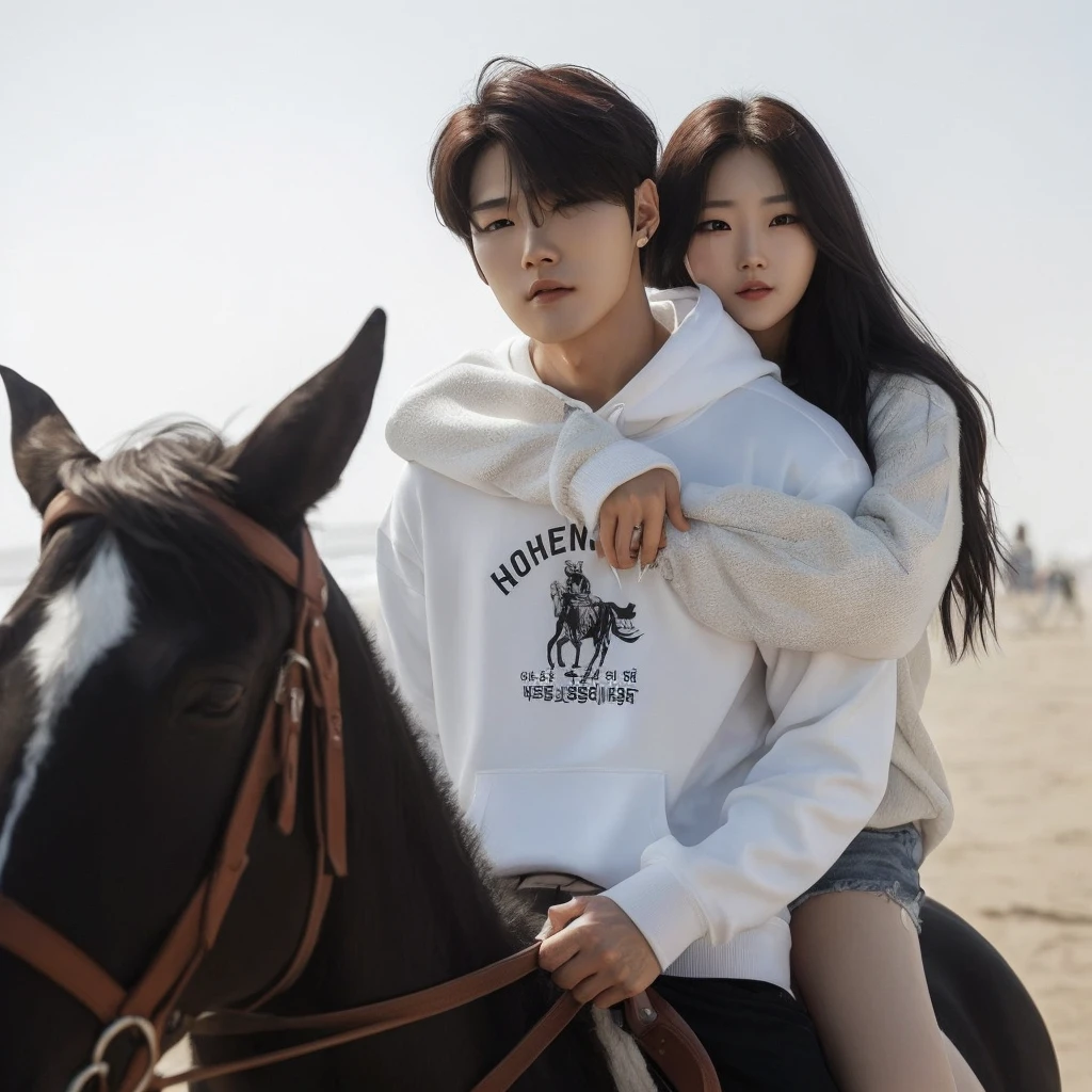 a handsome Korean man wearing a white hoodie, branded short-sleeved t-shirt,, was riding on a woman&#39;s back(his girlfriend) the beautiful one with black hair, playing horse, women wear sweaters, was hugging the man, The background is in a small green grassy garden, cool sunny atmosphere