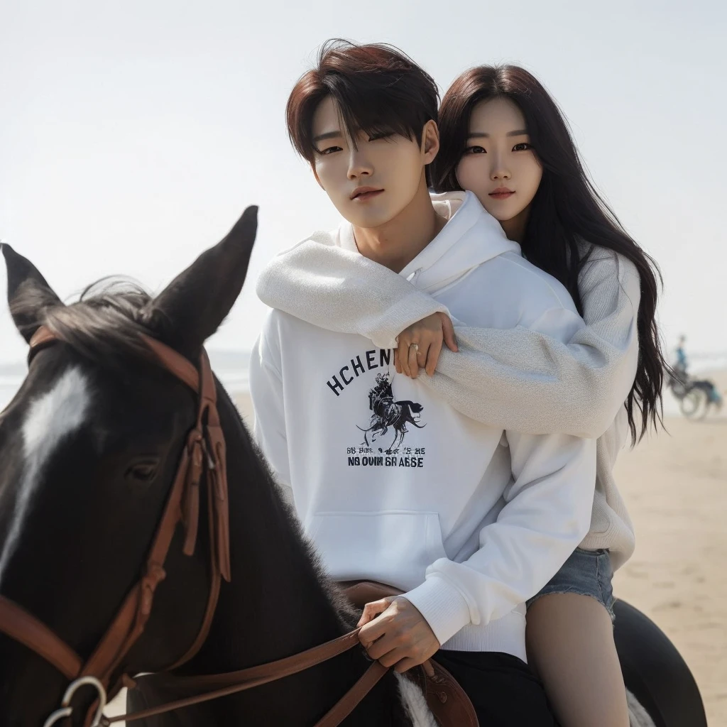 a handsome Korean man wearing a white hoodie, branded short-sleeved t-shirt,, was riding on a woman's back(his girlfriend) the beautiful one with black hair, playing horse, women wear sweaters, was hugging the man, The background is in a small green grassy garden, cool sunny atmosphere