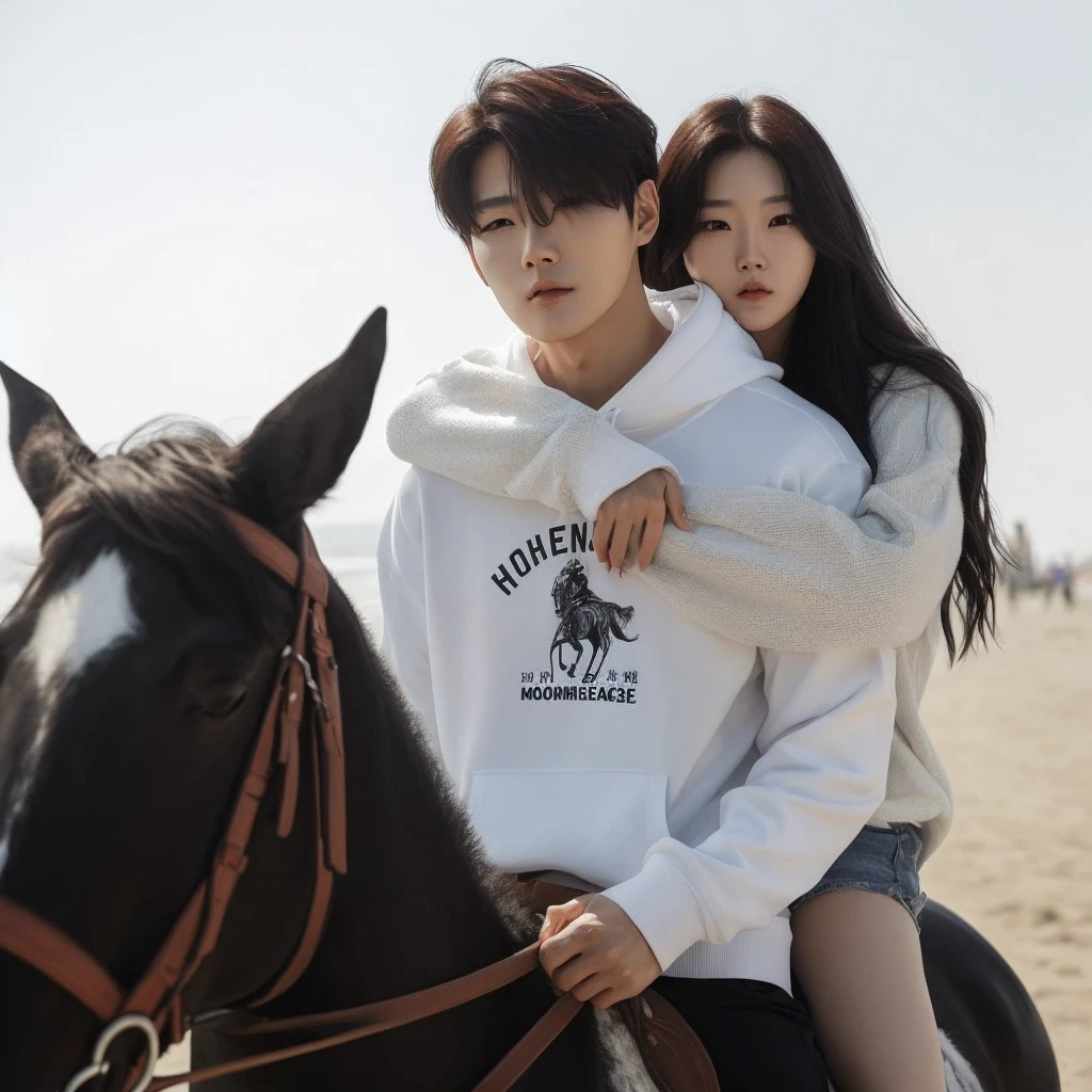 a handsome Korean man wearing a white hoodie, branded short-sleeved t-shirt,, was riding on a woman's back(his girlfriend) the beautiful one with black hair, playing horse, women wear sweaters, was hugging the man, The background is in a small green grassy garden, cool sunny atmosphere