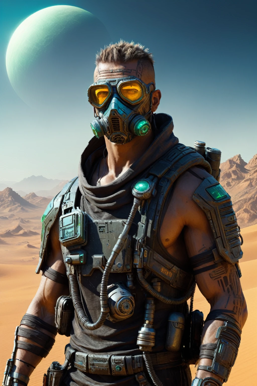 a cyberpunk man, nanoenhanced treatments, desert planet, nomadic tribes, raw photo, hyperdetailed, photorealistic, dramatic lighting, moody colors, gritty textures, intricate machinery, glowing neon, advanced technology, harsh environment, windblown sand, rugged terrain, weathered structures, tribal markings, weathered clothing, goggles, respirator mask, cybernetic implants, glowing biotech, complex gadgets, dystopian atmosphere