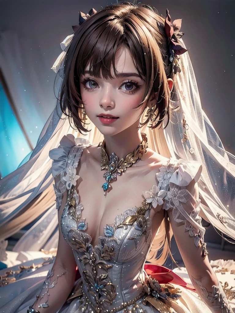  Delicate features, Crazy Smile, Vermilion-tinted cheeks, Blonde Hair, Princess Cut, Ribbon hair ornament, brooch, Shiny candy blue dress, Gold embroidery,Lolita Style, Gothic style, Facing the audience, Otaku Room, 