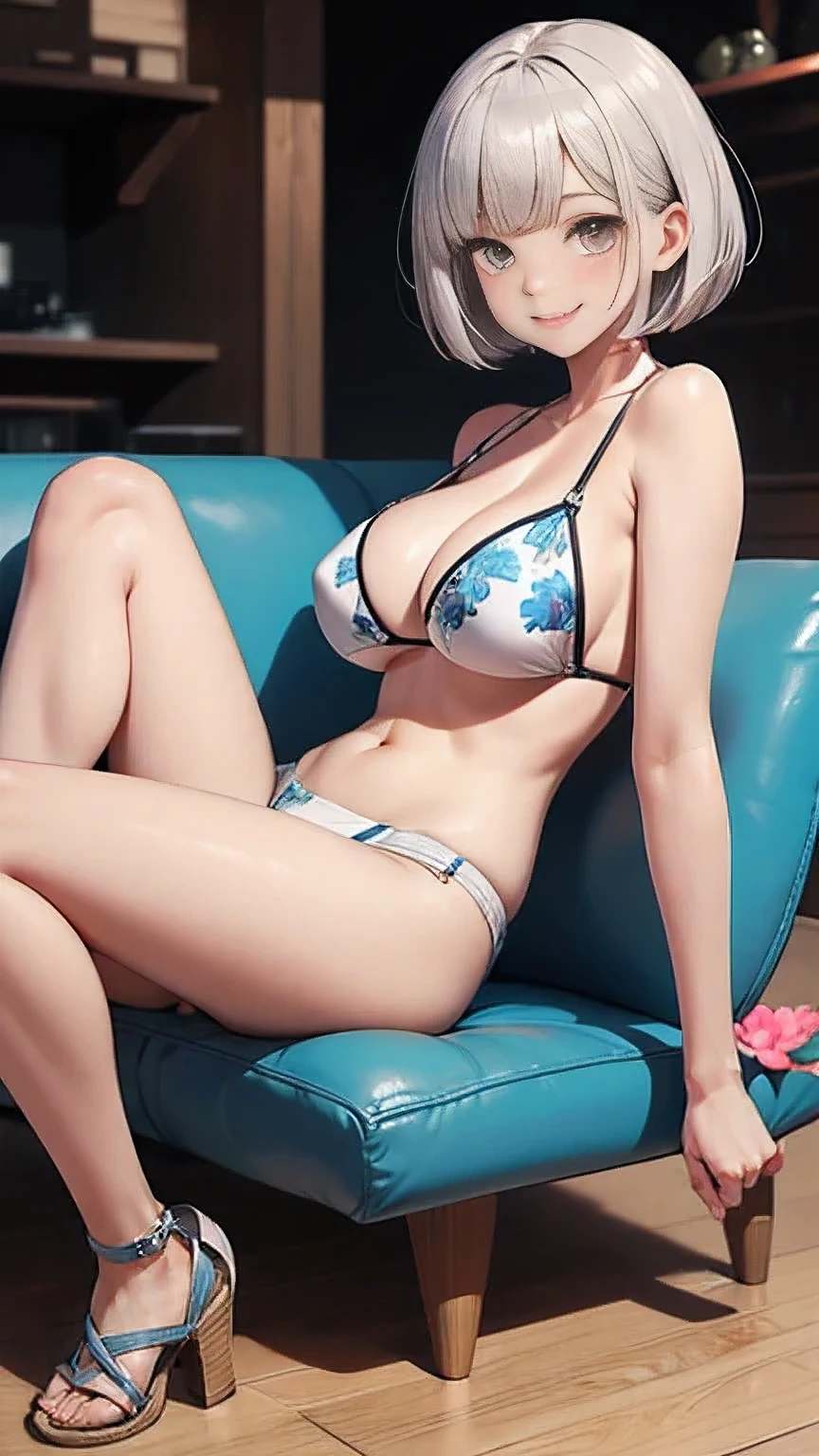 (((masterpiece))), best quality, black leather sofa, full body, expressive eyes, perfect face, silver eyes, bob cut, silver hair, (big breasts:0.8), damaged denim short pants, white botanical print bikini top, happy, tempting smile, embarrassed, white sandals, on sofa, dynamic pose