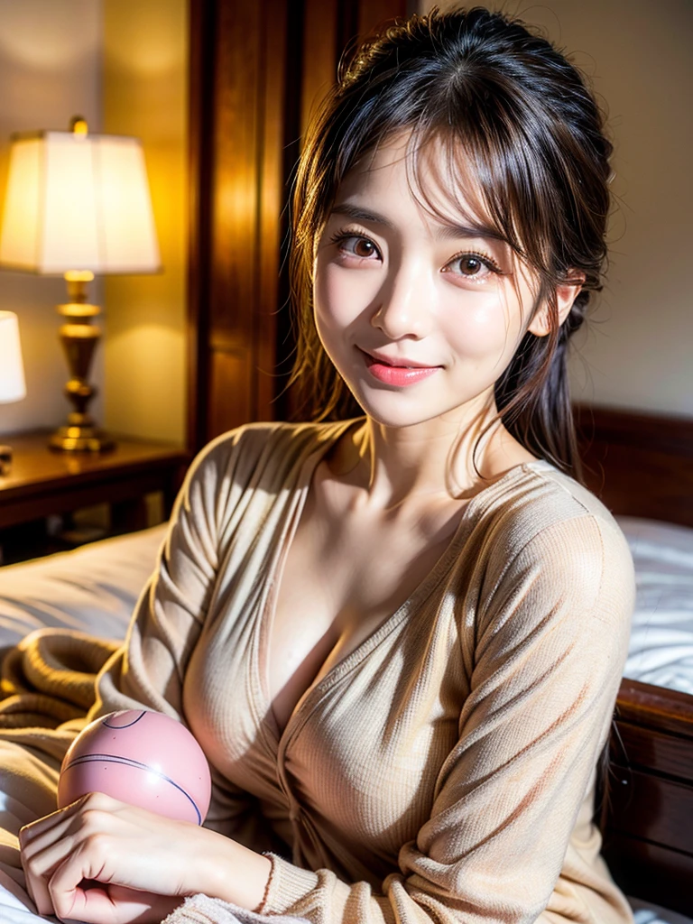 best quality，Face Focus，Soft Light，Ultra-high resolution，（realism：1.4），original photo，1 Japanese girl，Solitary，Lovely，There is light in the eyes，Every detail is beautiful，High-resolution details of human skin texture，(Double ball head 1.5)，indoor，on the bed，Luxury hotel bedroom，pajamas，portrait，Awkward，blush，Smile，Upper Body