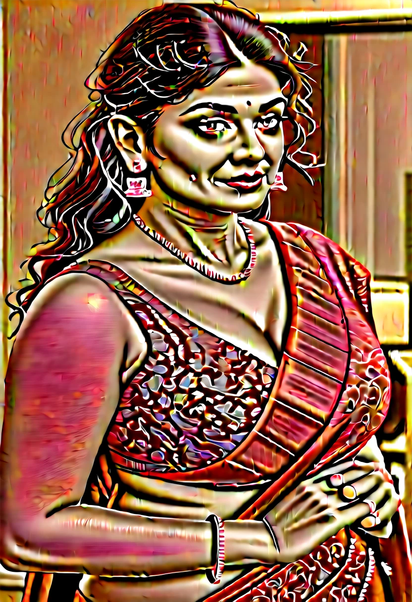 Wearing a sexy satin saree with strapless Bra, sexy Indian housewife, Looks like Indian Actress Nayanthara, actress Nayanthara, mallu, mallu aunty, desi aunty, full figured mature beauty, sweaty skin , shining skin, sweat, attractive figure, 48 years old, spicy hot, desi milf, desi aunty, a close up of a woman in a red dress in a bedroom, inspired by Avigdor Arikha, sleek!!!, indian super model, wavy hair combed to one side, actress, by Jitish Kallat, smoldering, intense smoldering, fashion, an angel, print ready, with a dramatic looking, inspired by Sudip Roy, seductive look, sexy Saree queen, sexy Saree fashion, seductive Saree, wear saree, sizzling hot Beauty, red juicy lips, detailed armpits,