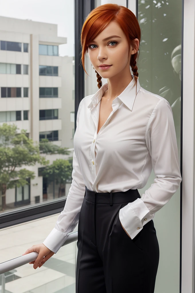 detailed shiny skin, (realistic, photo-realistic:1.4), a pretty girl, standing, looking out of window, white shirt, collared shirt, black necktie, black trousers, long sleeves, slight smile (nose blush), yellow eyes + ringed eyes, short hair + red hair + long braided hair,