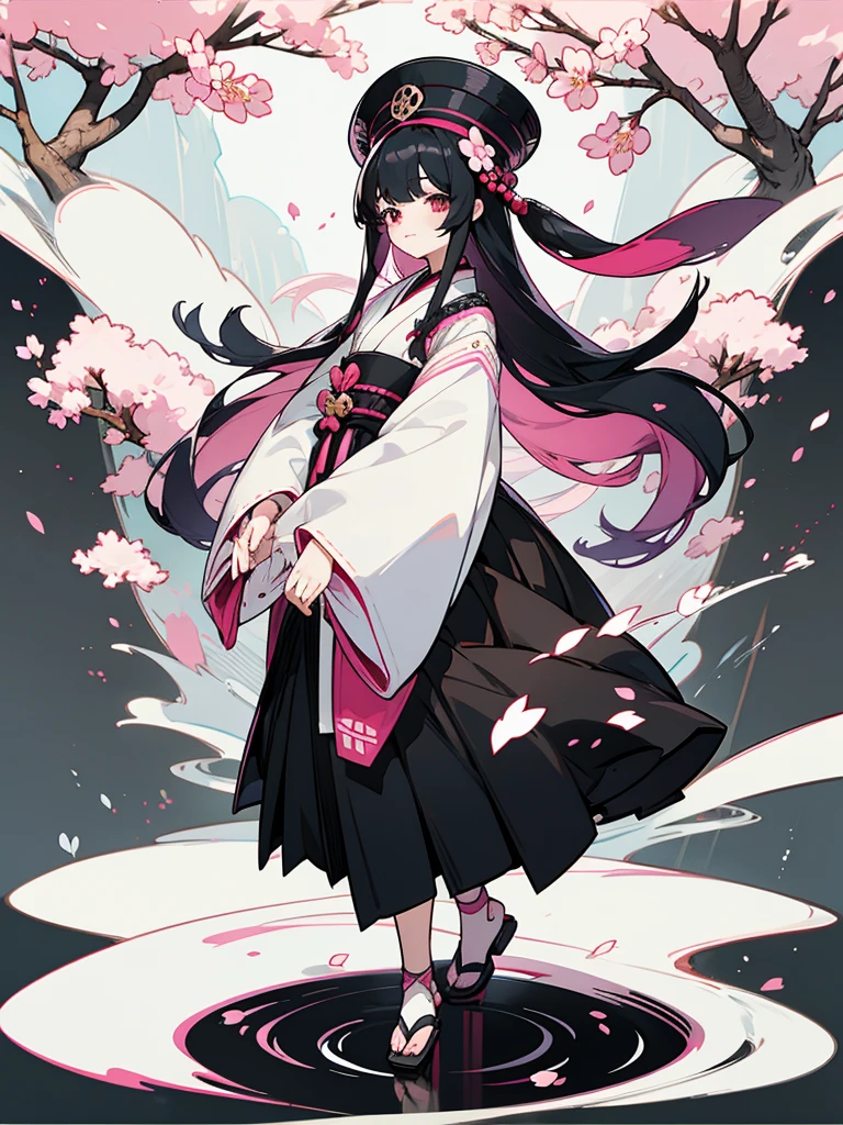 best quality, character design sheet, woman、No hat on, Black and pink hair, whole body, Head to Toe, Fortuneteller、Standing facing forward, Beautiful black dress, long Black Hair, whole body, Pure white background, from front, best quality, Standing pose、Cherry blossom pattern、adult、Japanese、Clear eyes、adult、Standing facing forward