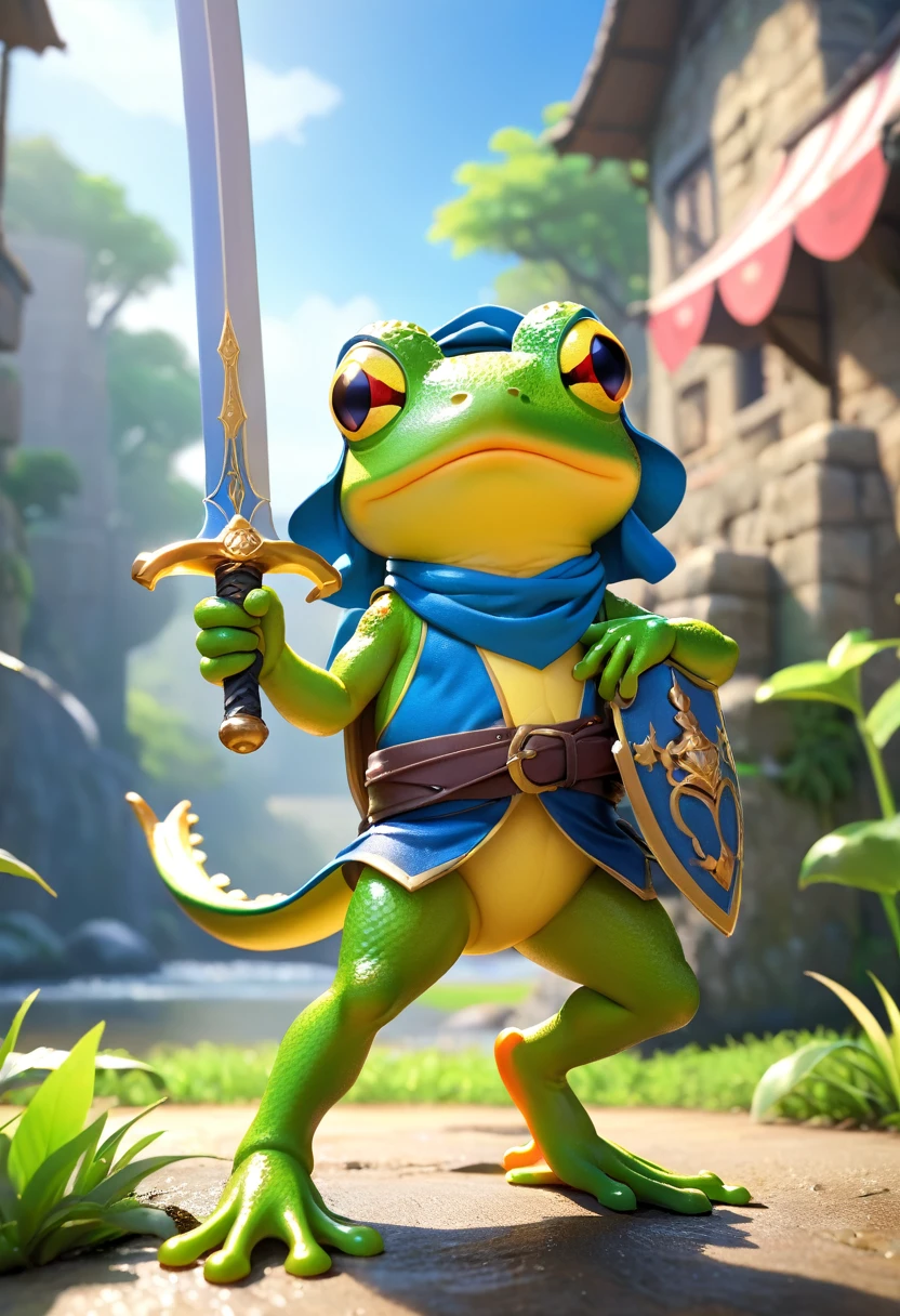 Esbian all over、Cool Frog、Pop Frog、Diorama、Simple Background、bandana、Holding a big sword in his hand、Brave、Best Quality, Capture the cutest moments, Depth of written boundary, Super detailed, Ultra-high resolution, Octadale, 8k, 16km race