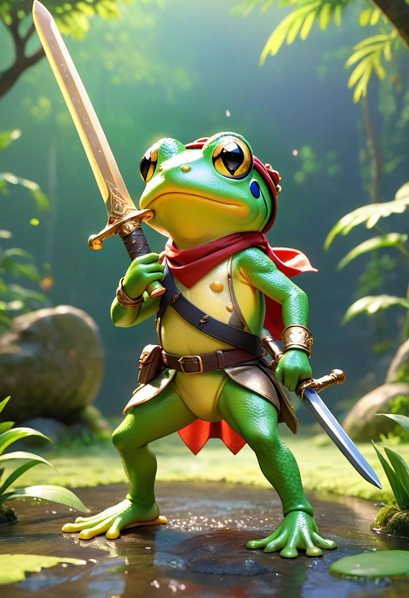 Esbian all over、Cool Frog、Pop Frog、Diorama、Simple Background、bandana、Holding a big sword in his hand、Brave、Best Quality, Capture the cutest moments, Depth of written boundary, Super detailed, Ultra-high resolution, Octadale, 8k, 16km race