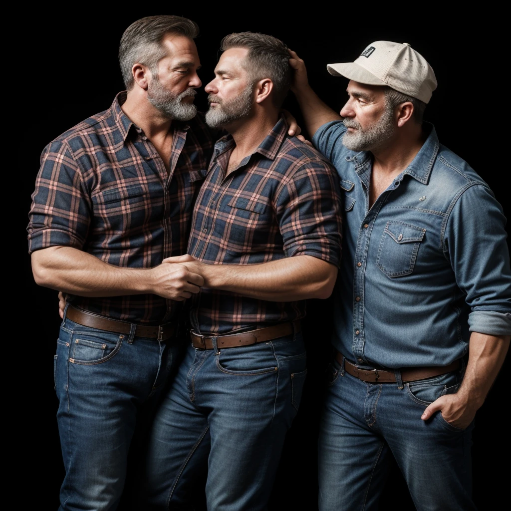 "8KUHD Create a professional studio-style photograph featuring two middle-aged, burly, and rugged men in lumberjack attire. They have beards, caps, checkered shirts, and worn-out jeans. They are kissing each other, their faces almost close, mouths glued together , in a romantic and virile scene. Utilize all appropriate lighting techniques for studio photography. The background should be black." HDR