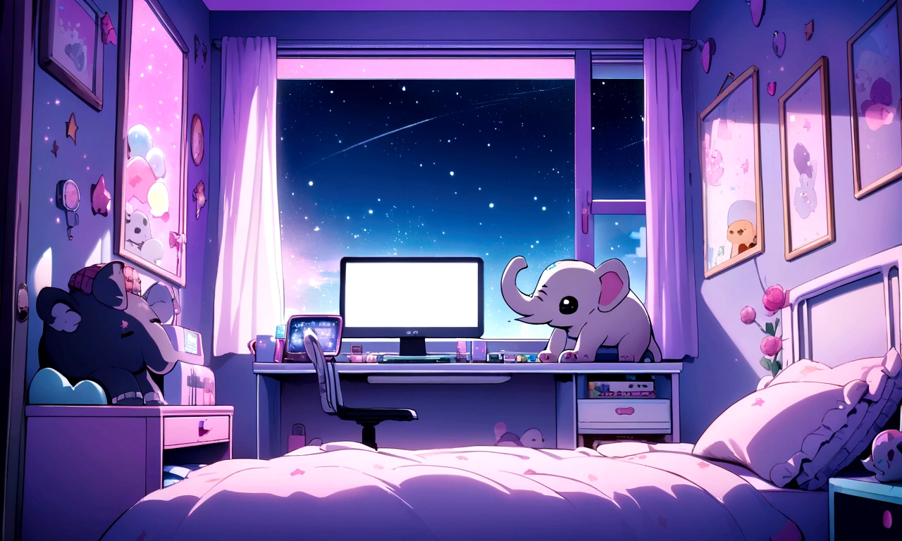 Kawaii room with gamer computer window with siamese elephant on bed with stars in the sky