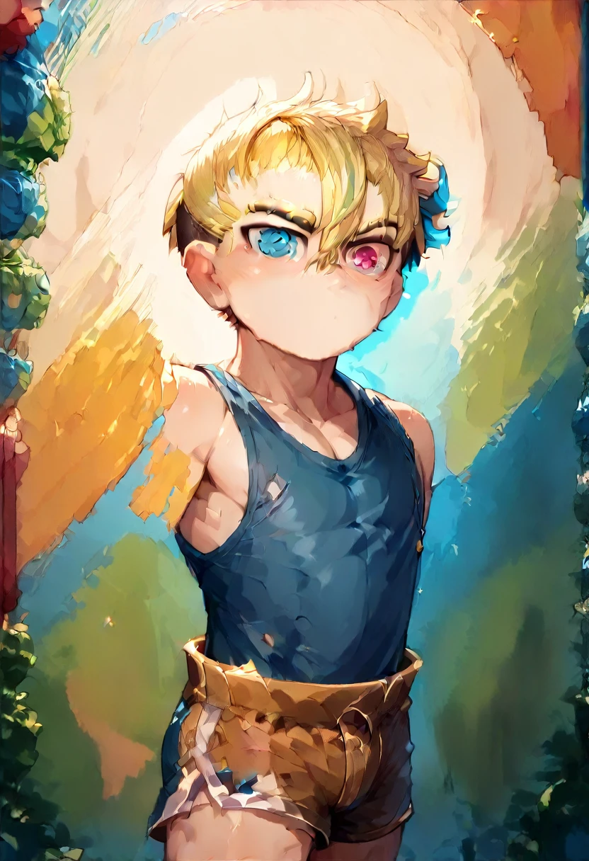 (One boy:1.4), (very short hair), Crew Cut, (alone:1.4), SFW, (bulge:0.4), Male characters, ((masterpiece)),
Multicolored background, Hair between the eyes, Eye highlights, (Blonde:1.4)
(Blue Tank Top :1.1), (Shorts:1.2) , Colorful eyes,  Male characters, Male Focus,
Multiple details, null, Ocean, Beach , outside, short hair, cute,  Beautiful Eyes (Vocaloid), Delicate features, Eye highlights, (Narrow jaw:1.5), Triangular chin, (Introvert:1.6)
, young, juvenile, Long Hair, Male face, Detailed beautiful  boy, Adorable boy, Sparkling eyes,
Wicked Smile,  Cheerful eyes