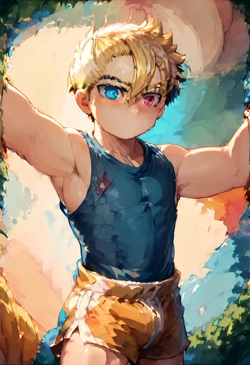 (One boy:1.4), (very short hair), Crew Cut, (alone:1.4), SFW, (bulge:0.4), Male characters, ((masterpiece)),
Multicolored background, Hair between the eyes, Eye highlights, (Blonde:1.4)
(Blue Tank Top :1.1), (Shorts:1.2) , Colorful eyes,  Male characters, Male Focus,
Multiple details, null, Ocean, Beach , outside, short hair, cute,  Beautiful Eyes (Vocaloid), Delicate features, Eye highlights, (Narrow jaw:1.5), Triangular chin, (Introvert:1.6)
, young, juvenile, Long Hair, Male face, Detailed beautiful **********, Adorable boy, Sparkling eyes,
Wicked Smile,  Cheerful eyes