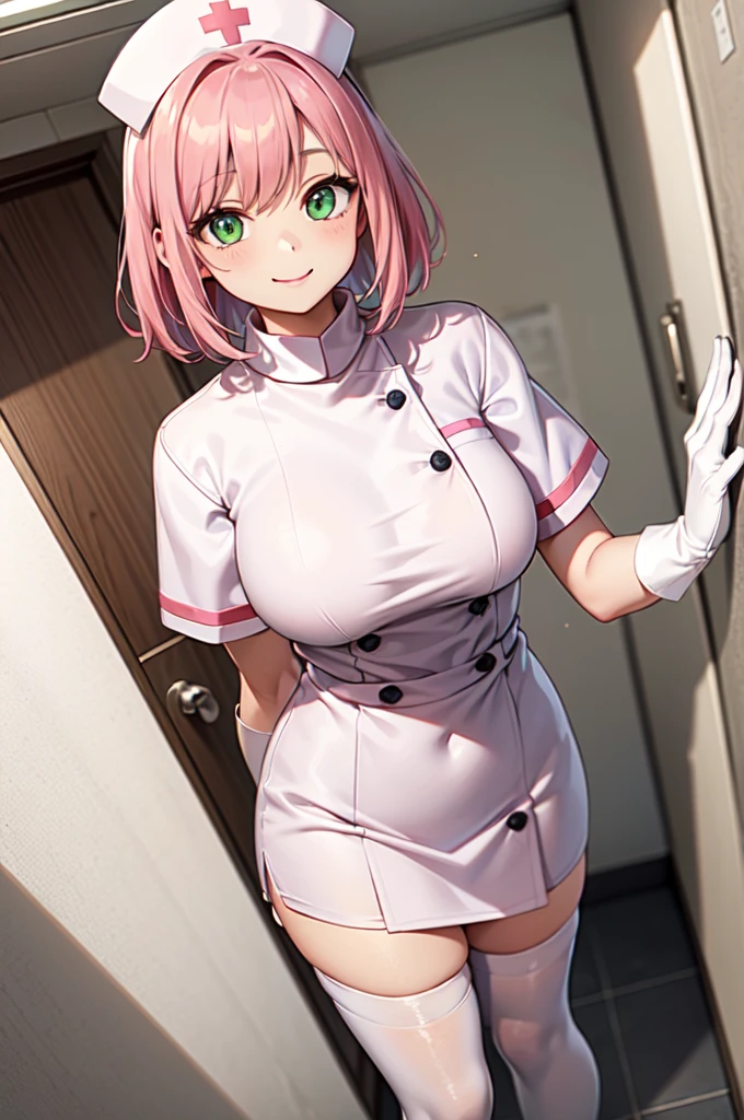 1girl, solo, nurse, white nurse cap, white nurse uniform, ((white legwear, zettai ryouiki)), white gloves, pink hair, green eyes, drooping eyes, smile, standing, ((hospital room)), sharp outline, short sleeves, best quality, masterpiece