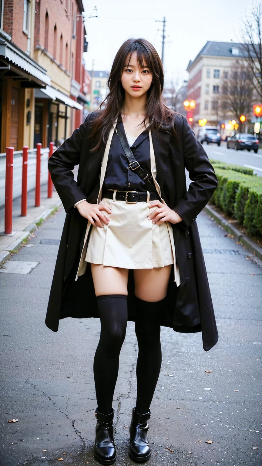 Jessica Henwick wearing a brown overcoat, white t-shirt, tight skirt and black tights.