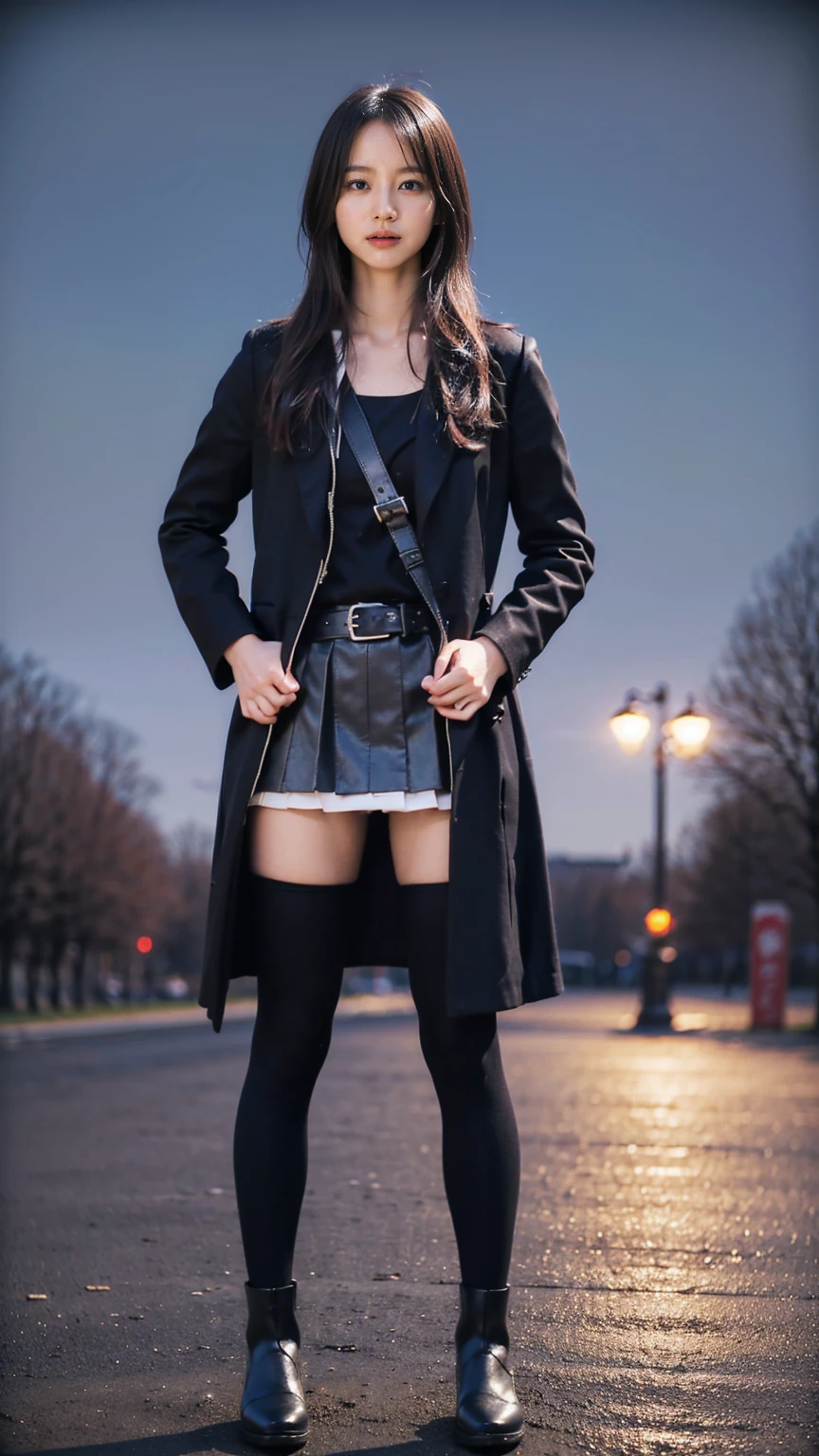 (8K、RAW Photos、Highest quality、masterpiece:1.2)、(Realistic、Realistic)、1 Girl、((Check mini skirt、Long coat、Medium Hair、black、Thin legs、whole body、boots、blackいコート、one piece、tights、Night Park、View from the front、Looking into the camera、belt、Stand with hands on hips))、cute