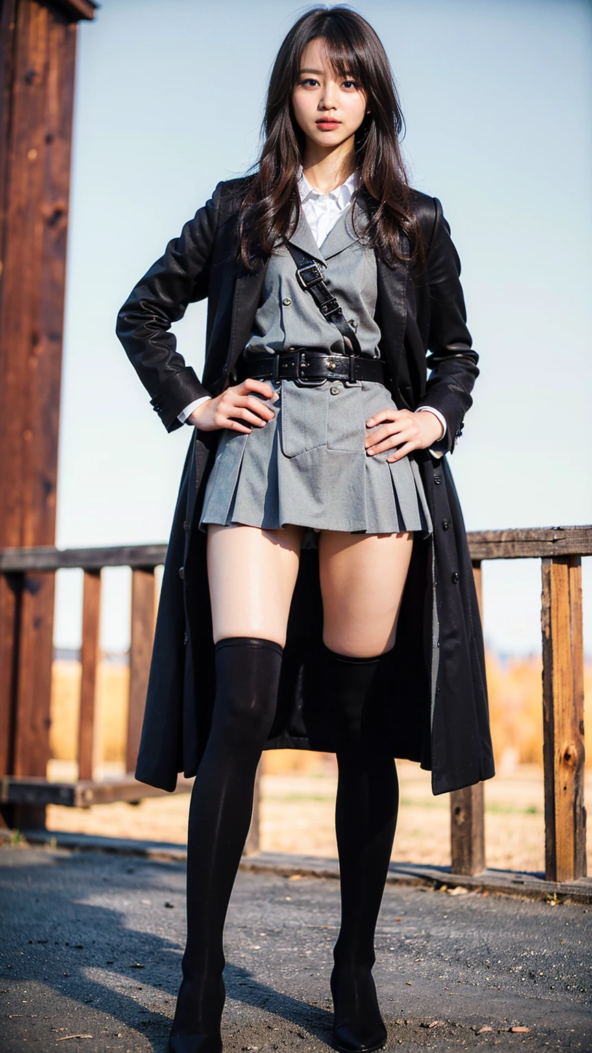 (8K、RAW Photos、Highest quality、masterpiece:1.2)、(Realistic、Realistic)、1 Girl、((Check mini skirt、Long coat、Medium Hair、black、Thin legs、whole body、boots、blackいコート、one piece、tights、Night Park、View from the front、Looking into the camera、belt、Stand with hands on hips))、cute