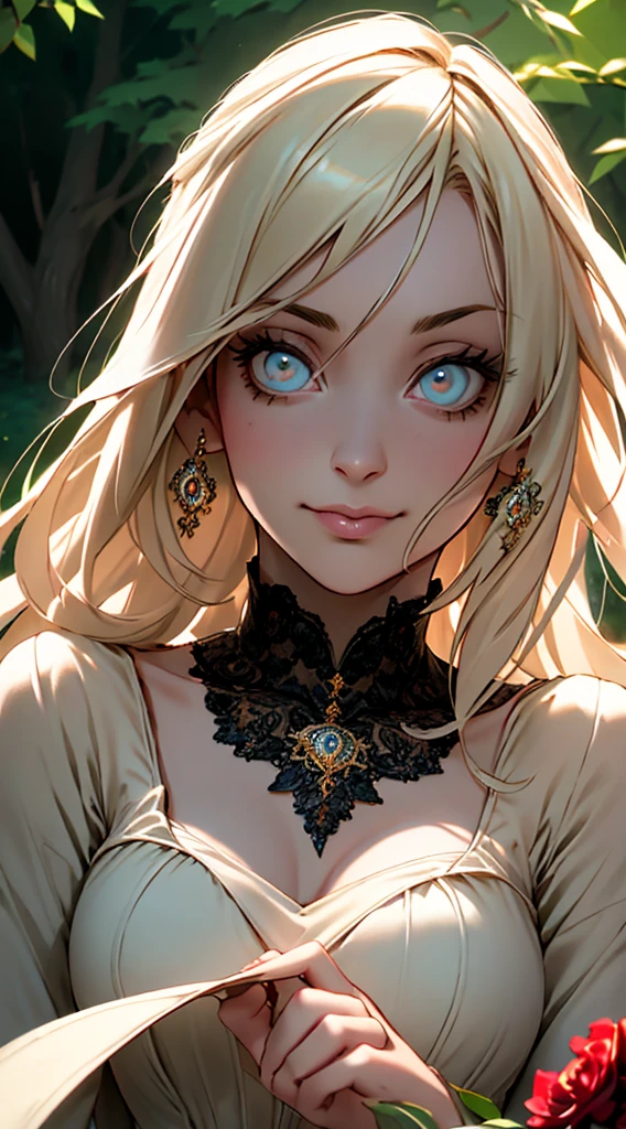 A beautiful girl with long blond hair, garnet eyes, and a delicate face, Alice Garnet Nakata, wearing an elegant Victorian-style dress, standing in a lush garden with blooming flowers, (best quality,4k,8k,highres,masterpiece:1.2),ultra-detailed,(realistic,photorealistic,photo-realistic:1.37),extremely detailed face and eyes,highly detailed skin,beautiful detailed eyes,beautiful detailed lips,intricate detailed dress,ornate Victorian garden,vibrant colors,soft lighting,cinematic composition,elegant,ethereal, fullbody shot,