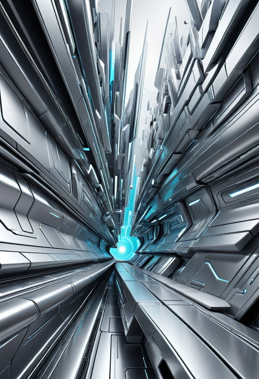 Create a 3D background that is abstract, futuristic, and bright. Use a color palette dominated by shades of silver. The scene should have a sense of depth and complexity, with dynamic shapes and patterns that evoke a modern, advanced aesthetic