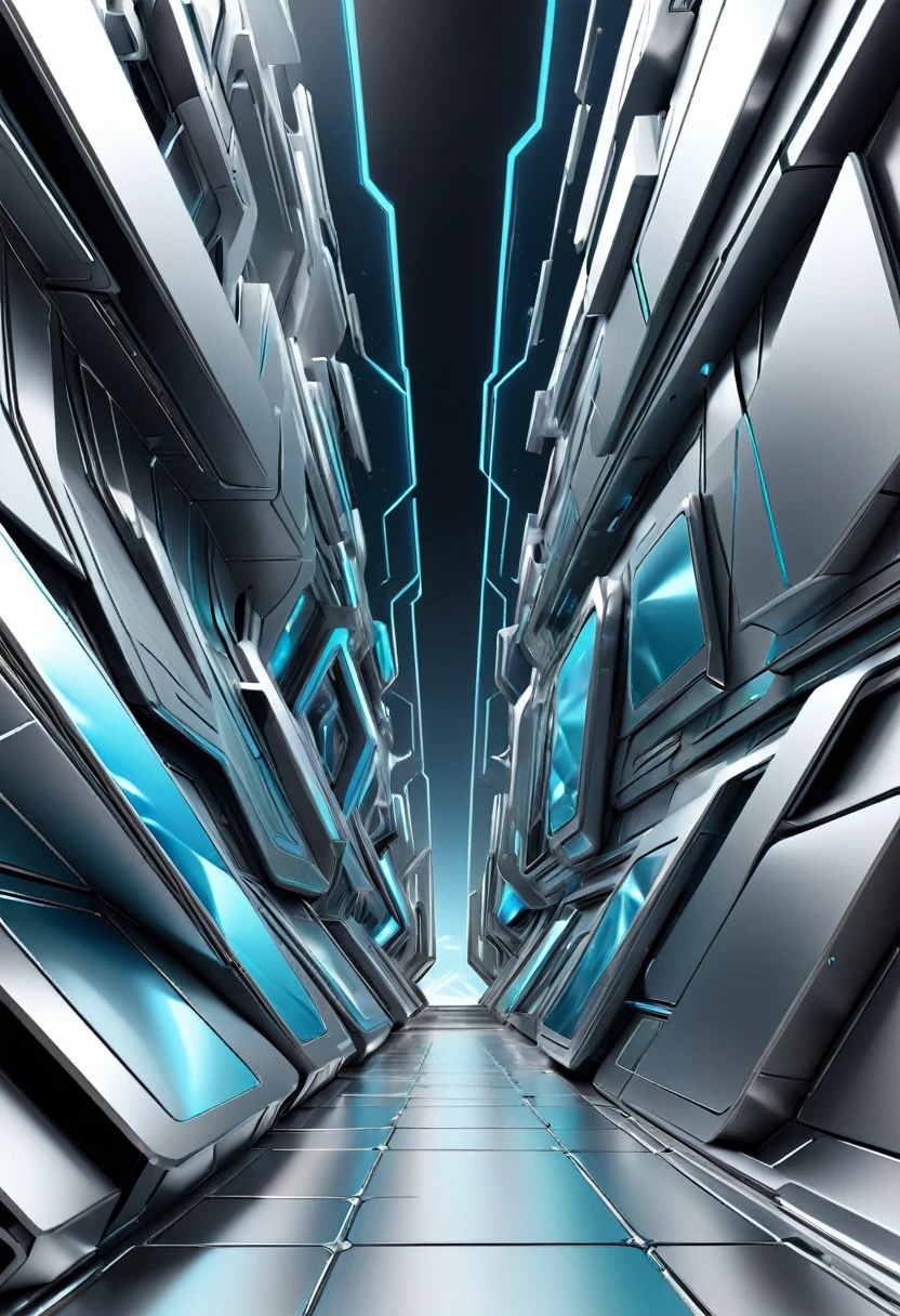 Create a 3D background that is abstract, futuristic, and bright. Use a color palette dominated by shades of silver. The scene should have a sense of depth and complexity, with dynamic shapes and patterns that evoke a modern, advanced aesthetic