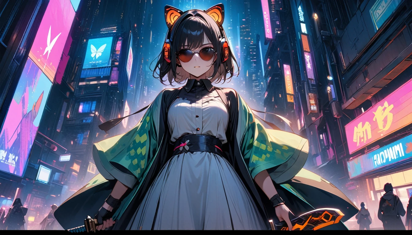 (((8K, Masterpiece, high resolution, highest quality, highest quality real texture skin))), ((wearing Japanese pattern headphones)), (((1 girl))), (((Butterfly patterned haori coat))), (((Holding a sword))), (((Cyberpunk City at Night))), ((sunglasses)), (((Maid))), (Black shiny hair, beige skin)