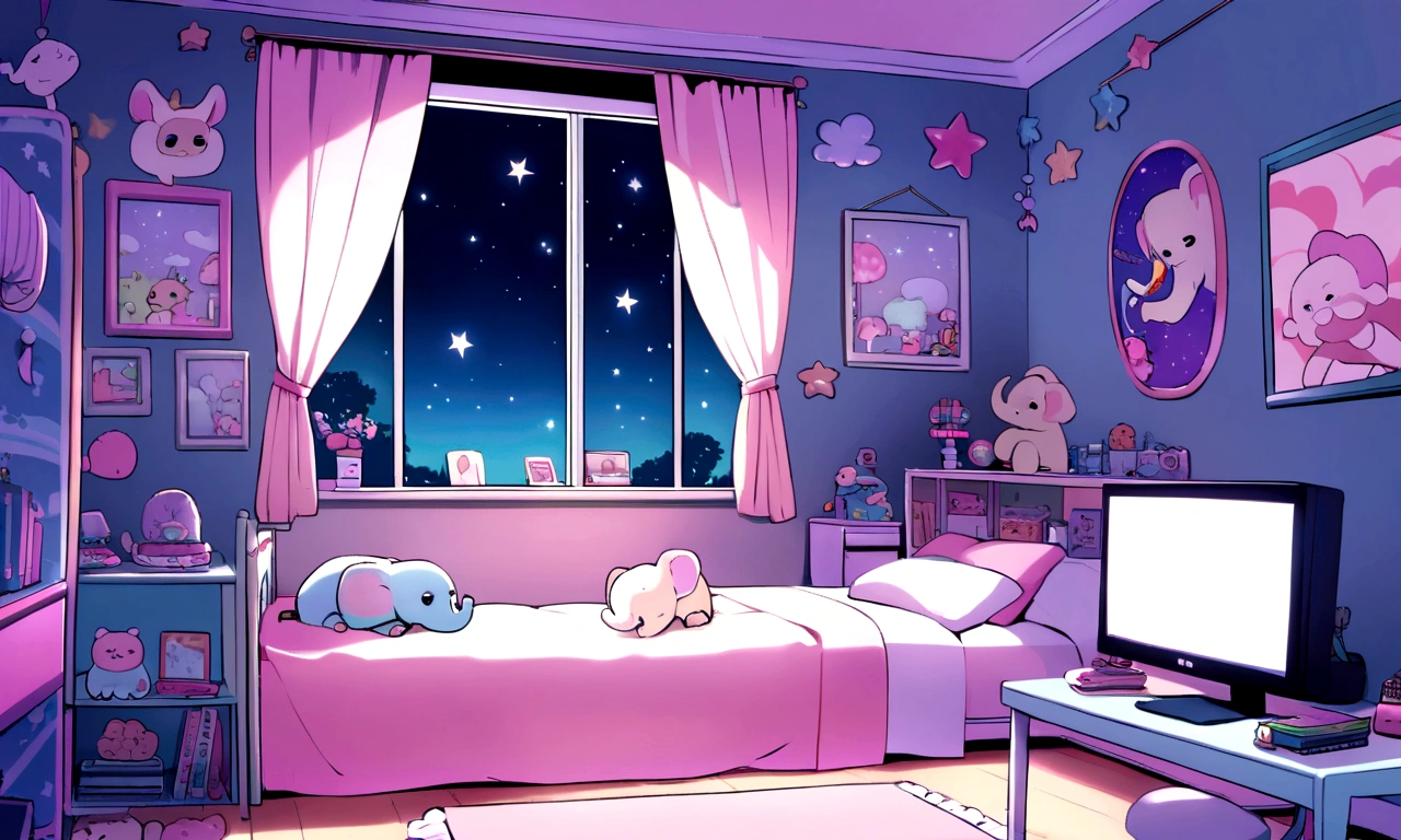 Kawaii room with gamer computer window with siamese elephant on bed with stars in the sky