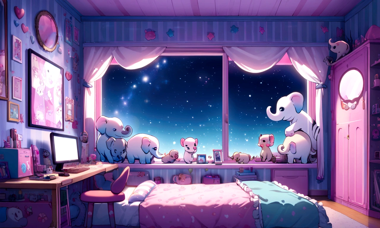 Kawaii room with gamer computer window with siamese elephant on bed with stars in the sky
