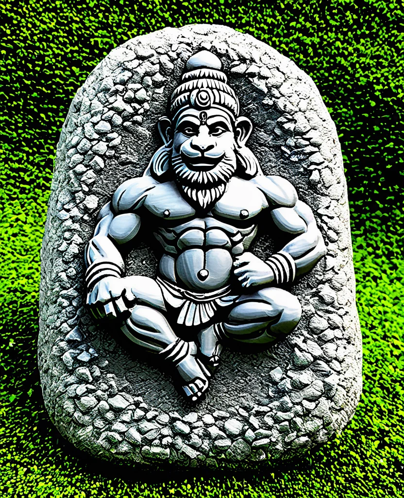 Create a hanuman pic hi is setting in a stone