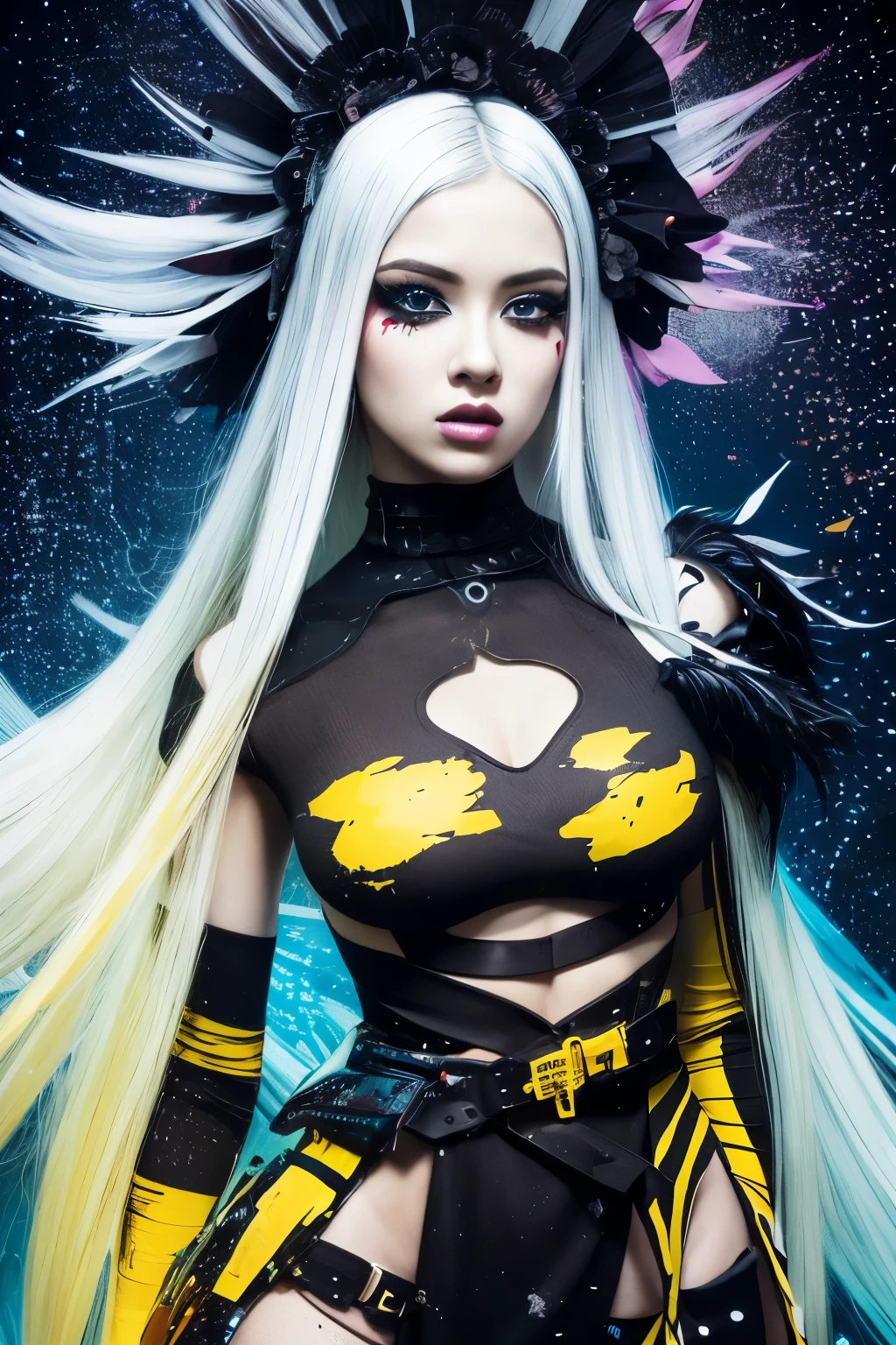 "A stunning digital artwork featuring a woman with a unique and eye-catching style. Her hair is a vibrant shade of yellow, complemented by bold black makeup. She wears a striking black and yellow dress, adorned with splatters of yellow paint that add a touch of creativity and intrigue to the piece. The dark and moody black background adds a sense of mystery and depth to the overall composition."