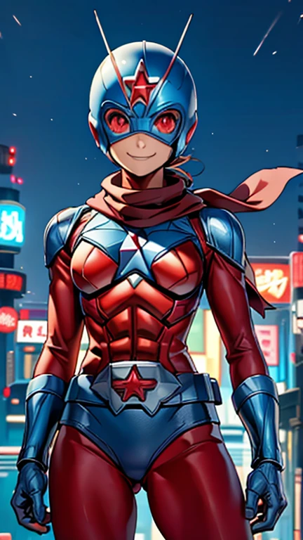 (8k),(masterpiece),(Japanese),(8--old l),((innocent look)),((Childish)),From the front,smile,cute,Innocent,Kind eyes,Flat chest,blue helmet,red domino mask,Wonder Woman,bald,no Hair,Strong wind,night,dark, Neon light cyberpunk city,Kamen rider, superhero,Ringo! style,camisa,scarf 