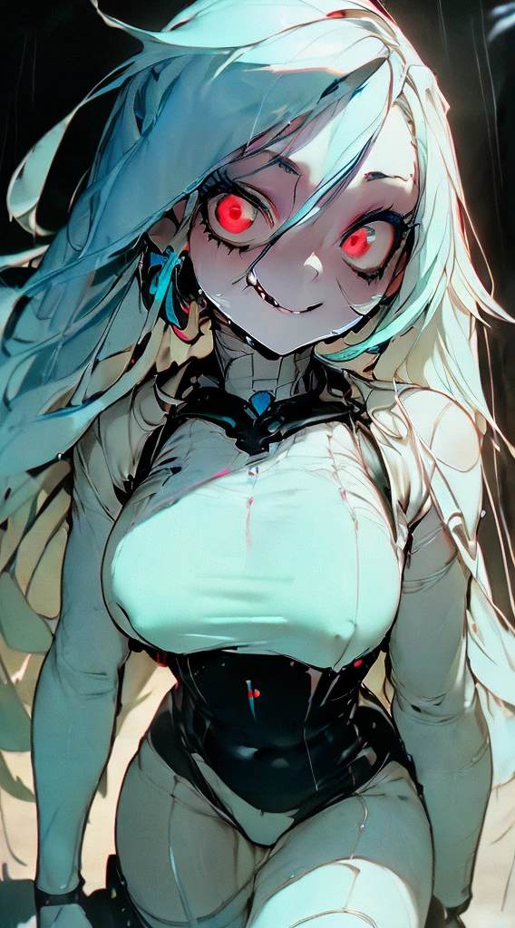 top-quality、Top image quality、​masterpiece、Android Girl((sixteen years old,Body full of scars、Broken cybersuit glowing black, red and white、Blue energy source for the chest,Best Bust、Bust 90、Light blue shiny hair、Longhaire,Cyber Skirt、Blue-green eyes、open chest wide、Valley、Happiness、A slender、the whole body is wet、Fall to the floor、Kneeling)）hiquality、Beautiful Art、Background with((Magical Night City、Very heavy rain))、masutepiece、Elaborate design、visualart、Theatrical films