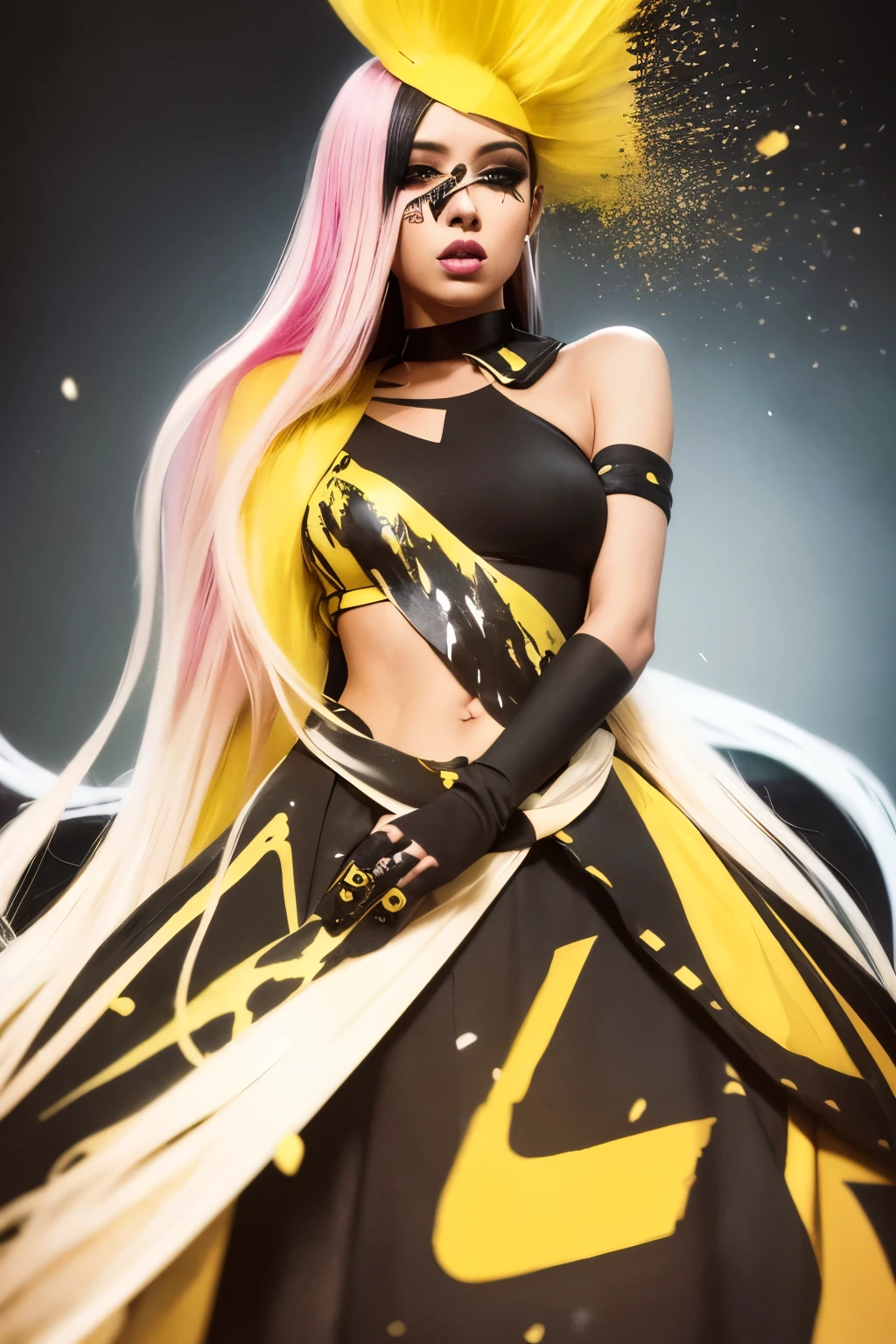 "A stunning digital artwork featuring a woman with a unique and eye-catching style. Her hair is a vibrant shade of yellow, complemented by bold black makeup. She wears a striking black and yellow dress, adorned with splatters of yellow paint that add a touch of creativity and intrigue to the piece. The dark and moody black background adds a sense of mystery and depth to the overall composition."
