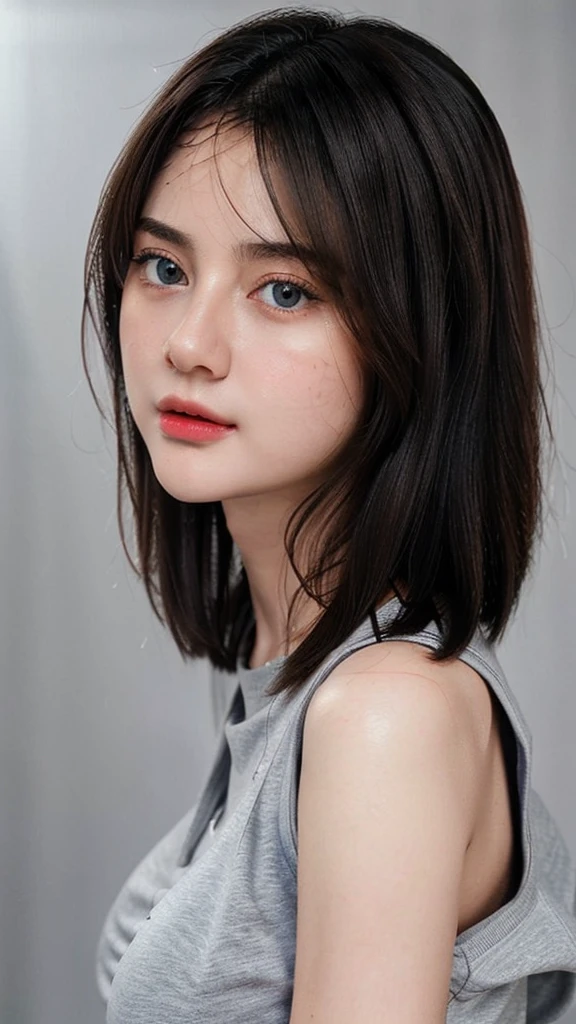 8K  UHD、RAWphotograph、Model photo shoot、 European race、(masterpiece、highest quality、Photorealistic、High resolution、photograph:1.3)、Close-up、Focusing、Hot Model、slim、30 year old mature woman、Small face、Short Hair、Dark Brown Haine beautiful eyes、Real Skin、(perfect body)、Sexy hot face、Erotic、Sexual gaze、slim、Sweat top、Detailed beautiful eyes、Glossy lips、Small breasts、、Bust B cup、((Bright light、Dynamic lighting、Real、超Real、 Realism、Realistic details、Cool beauty、Cool pose、Background gray、Plain grey background