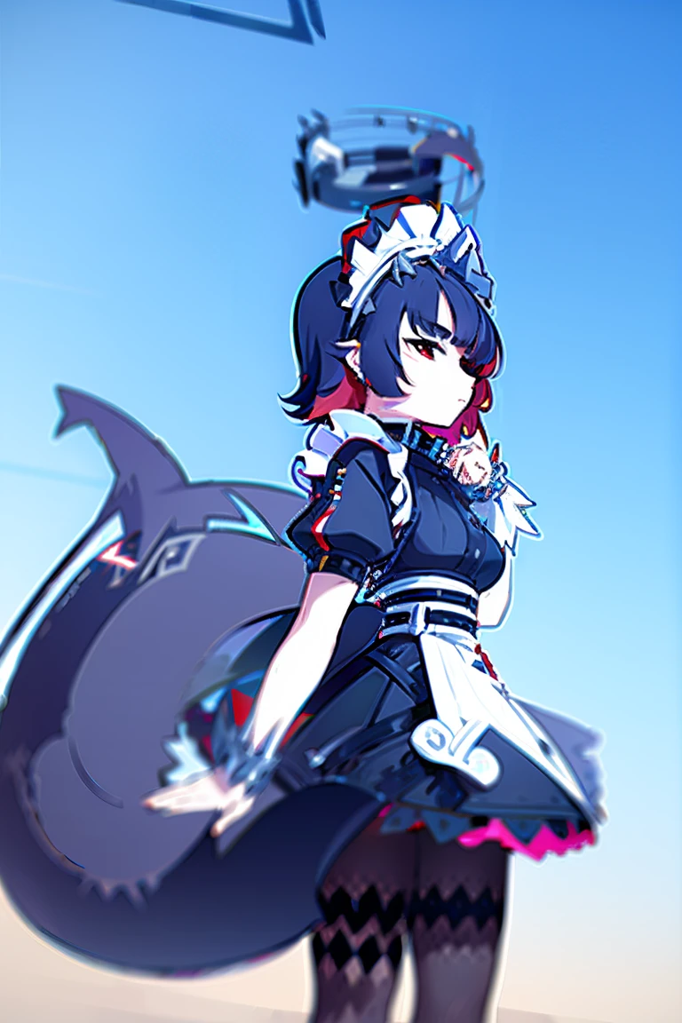 halo, standing, blue sky, far shot, ellen joe, black hair, colored inner hair, multicolored hair, (red eyes:1.3), red hair, short hair, two-tone hair, apron, black pantyhose, black shirt, black skirt, ear piercing, fins, fish tail, maid, maid apron, maid headdress, pantyhose, piercing, puffy short sleeves, puffy sleeves, shark girl, shark tail, shirt, short sleeves, skirt, tail, two-tone hair, wrist cuffs,