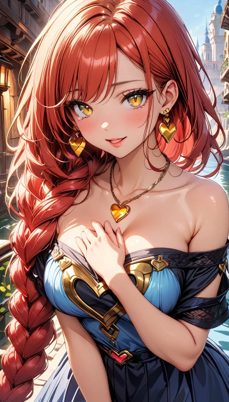 (highest quality:1.4), Very detailed, 8K, Vibrant, Best aesthetics, Accurate, (masterpiece:1.4),
BREAK
(profile, Cowboy Shot:1.2), 1 beautiful girl, 18yo, small face, beautiful detailed face, narrow waist, The beauty and danger of growing from a girl to an adult, A symbol of miraculous beauty, Graceful posture, sensual, bewitching woman, (cleavage), (coral red hair, shiny hair, A long single braid of hair flowing from the shoulder to the front:1.5), Swept bangs,
BREAK
(Deep Blue Dress, off shoulder, Strapless dress, Sleeveless, teardrop-shaped earrings:1.4),
BREAK
(A fantasy world cityscape:1.4), A city resembling Venice with canals, Leaning against the railing of a bridge over a large river, Bright lighting, Beautiful world, New World, Blown by the gentle wind, Soft sunlight that induces afternoon drowsiness, looking side glance, (left hand on own chest, five fingers:1.2), (vivid yellow eyes:1.4), Slit Pupils, beautiful detailed eyes, long delicate eyelashes, Meticulous Eyelash Details,
BREAK
(A golden heart-shaped pendant:1.5), (hot gaze, heart-shaped lips, beautiful detailed lips, Glossy, Open Mouth, Leaking sigh), seductive smile,
