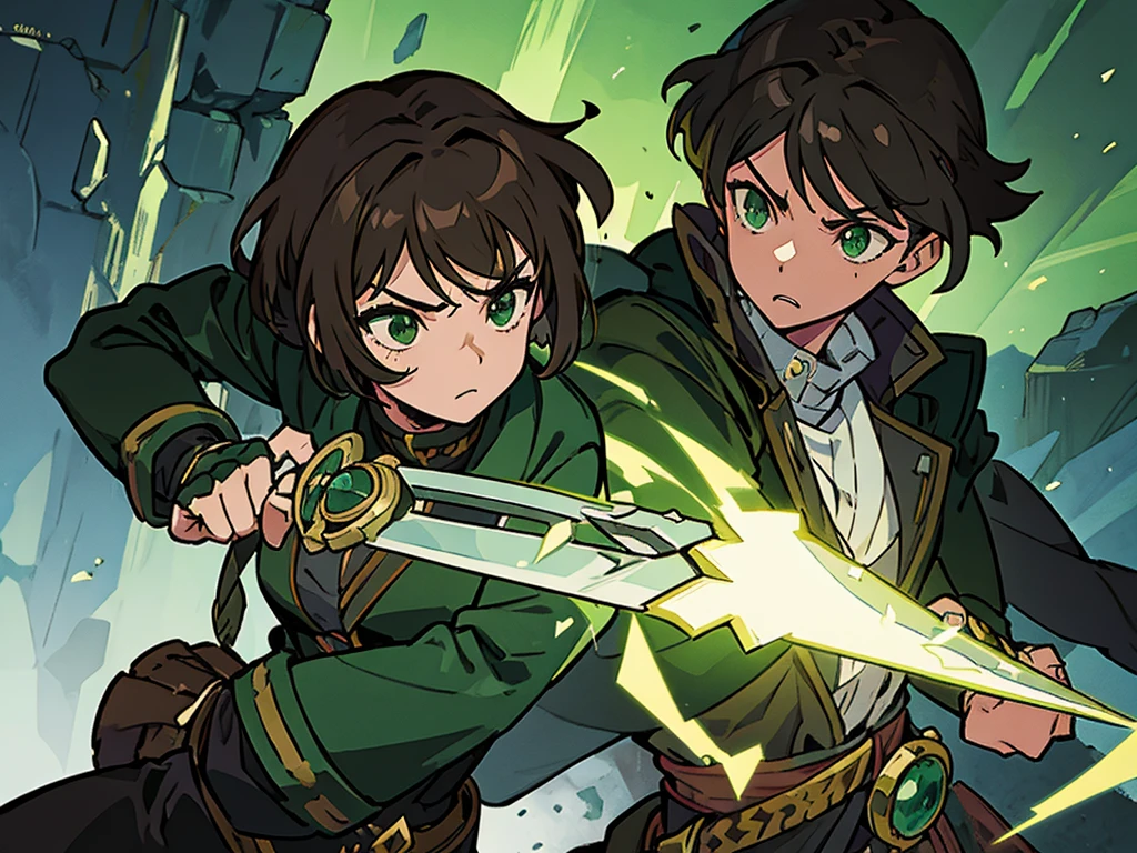 Seinen adventurer man, black Marquis jacket, bright brown hair, emerald green eyes, warrior-like eyes, skilled duelist, photo-realistic portrait, intricate details, dramatic lighting, cinematic composition, fantasy adventure, highly detailed, vibrant colors, masterpiece, using a flintlock & a sword, short hair, pony tail