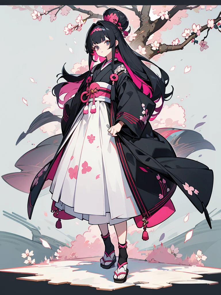 best quality, character design sheet, woman、No hat on, Black and pink hair, whole body, Head to Toe, Fortuneteller、Standing facing forward, Beautiful black dress, long Black Hair, whole body, Pure white background, from front, best quality, Standing pose、Cherry blossom pattern、adult、Japanese、Clear eyes、Adult Japanese、Clear eyes、Standing facing forward