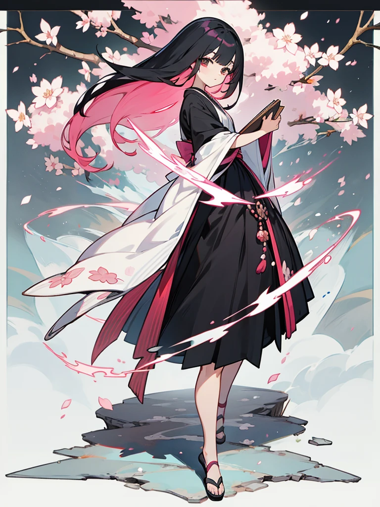 best quality, character design sheet, woman、No hat on, Black and pink hair, whole body, Head to Toe, Fortuneteller、Standing facing forward, Beautiful black dress, long Black Hair, whole body, Pure white background, from front, best quality, Standing pose、Cherry blossom pattern、adult、Japanese、Clear eyes、Adult Japanese、Clear eyes、Standing facing forward