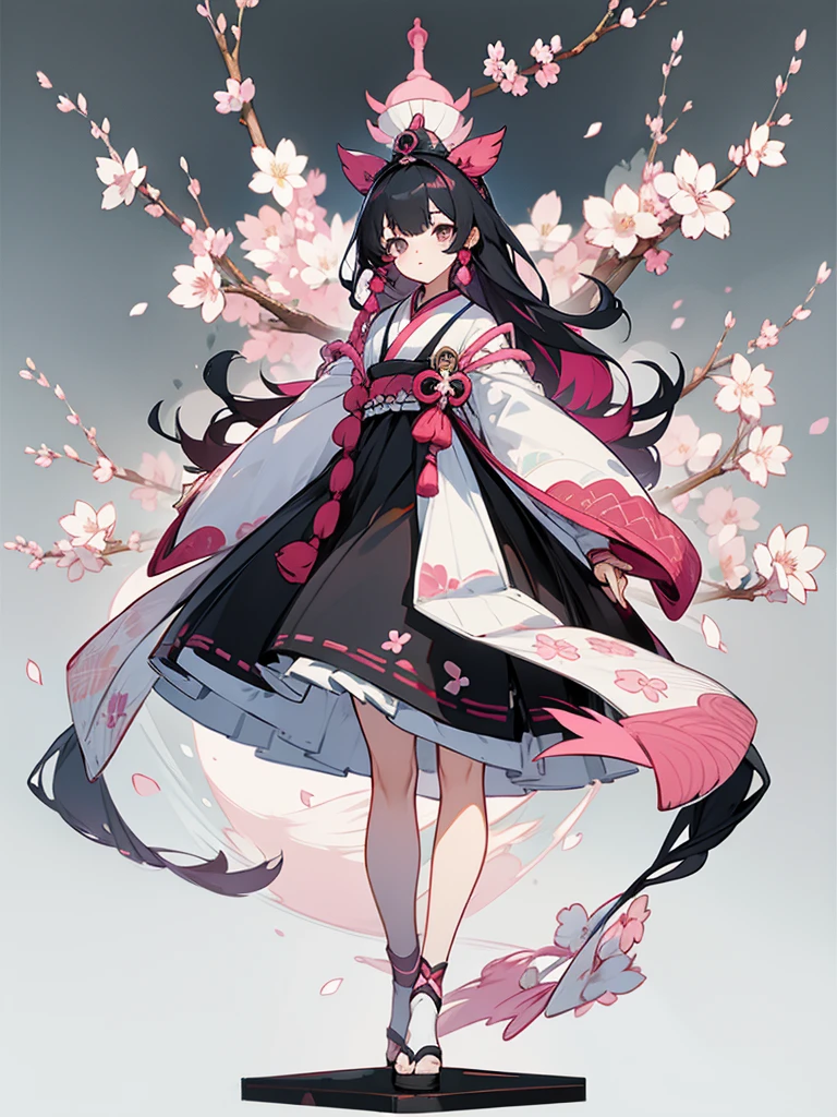 best quality, character design sheet, woman、No hat on, Black and pink hair, whole body, Head to Toe, Fortuneteller、Standing facing forward, Beautiful black dress, long Black Hair, whole body, Pure white background, from front, best quality, Standing pose、Cherry blossom pattern、adult、Japanese、Clear eyes、Adult Japanese、Clear eyes、Standing facing forward