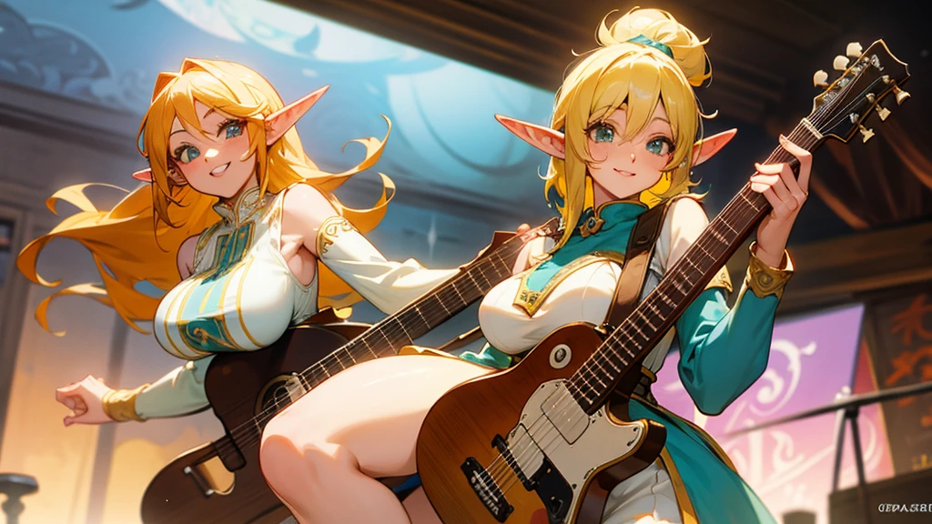 Anime Style,Nostalgic,Detailed background,Magical World,A lively bar with lots of people,Smiling bard beautiful elf girl,guitar,Large Breasts,Healthy thighs,Underarm