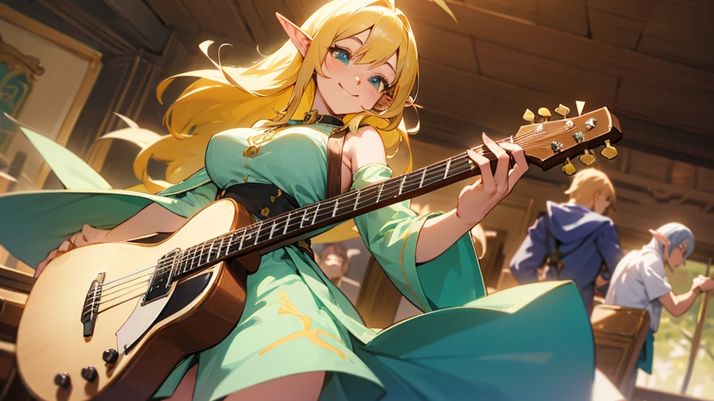Anime Style,Nostalgic,Detailed background,Magical World,A lively bar with lots of people,Smiling bard beautiful elf girl,guitar,Large Breasts,Healthy thighs,Underarm