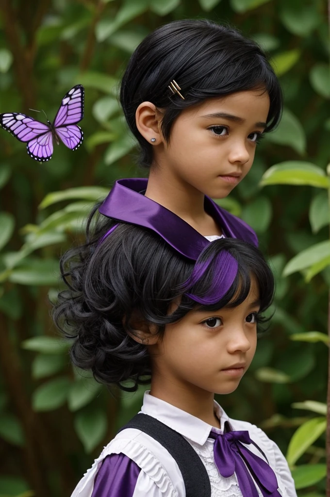  girl of short stature, apparently weak and fragile and with light skin color. She has short black hair with long strands that she wears up with a kind of butterfly-shaped clip.. Its tips are purple and its sideburns are quite long..