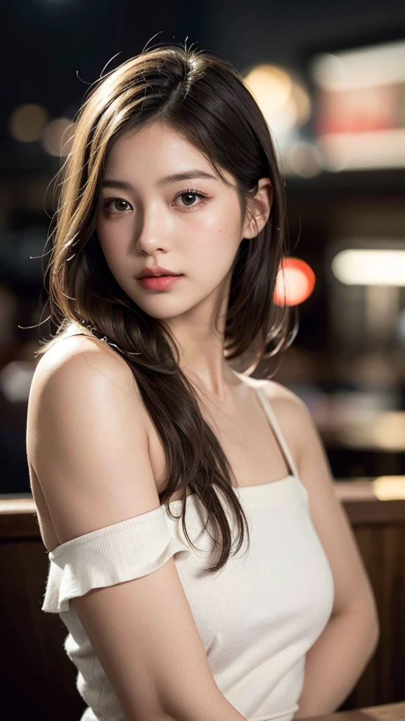 25-year-old girl,blond,long hair,The background is the restaurant,Best quality, masterpiece, ultra high res, (photorealistic:1.5), raw photo, 1girl, offshoulder, in the dark, deep shadow, low key, cold light, sexy look, short hair, holding cheek, (blushing), whole body